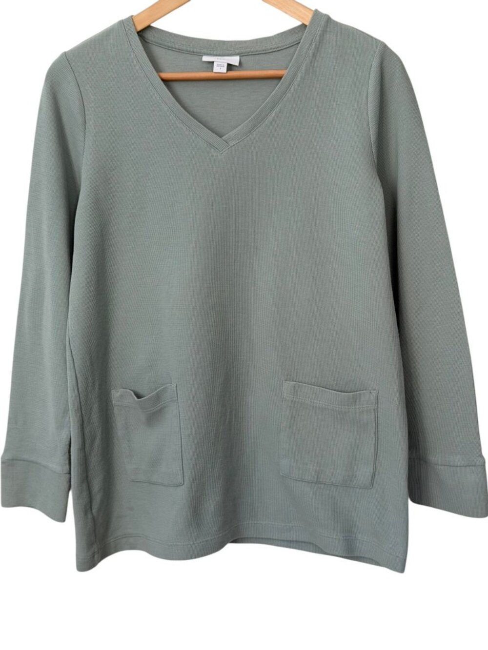 J.Jill Cotton V-Neck Textured Patch-Pockets Waffle Knit Tunic Top Sage Green S